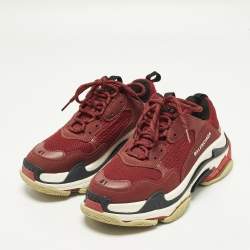 Pre Owned Balenciaga Triple S Size 41 Burgundy Mesh and Nubuck Leather Lace Up Sneakers