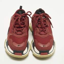 Pre Owned Balenciaga Triple S Size 41 Burgundy Mesh and Nubuck Leather Lace Up Sneakers