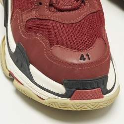 Pre Owned Balenciaga Triple S Size 41 Burgundy Mesh and Nubuck Leather Lace Up Sneakers