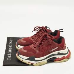 Pre Owned Balenciaga Triple S Size 41 Burgundy Mesh and Nubuck Leather Lace Up Sneakers