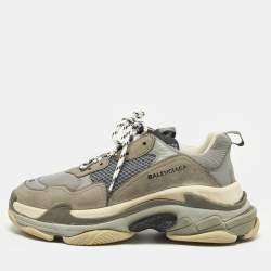 Pre Owned Balenciaga Triple S Size 43 Grey/Blue Faux Leather and Mesh Lace Up Sneakers