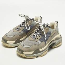 Pre Owned Balenciaga Triple S Size 43 Grey/Blue Faux Leather and Mesh Lace Up Sneakers