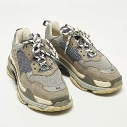 Pre Owned Balenciaga Triple S Size 43 Grey/Blue Faux Leather and Mesh Lace Up Sneakers