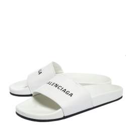 Pre Owned Balenciaga White Leather Logo Slide Sandals Size 41