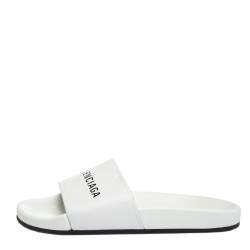 Pre Owned Balenciaga White Leather Logo Slide Sandals Size 41