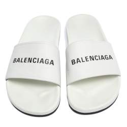 Pre Owned Balenciaga White Leather Logo Slide Sandals Size 41