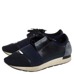 Pre Owned Balenciaga Black/Blue Leather And Mesh Race Runners Sneakers Size 41