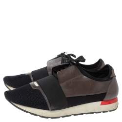 Pre Owned Balenciaga Black/Grey Leather And Mesh Race Runners Low Top Sneakers Size 44