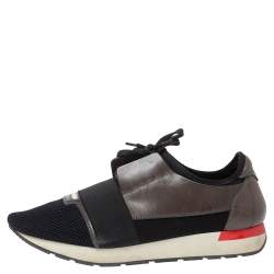 Pre Owned Balenciaga Black/Grey Leather And Mesh Race Runners Low Top Sneakers Size 44