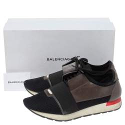 Pre Owned Balenciaga Black/Grey Leather And Mesh Race Runners Low Top Sneakers Size 44