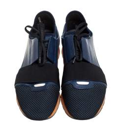 Pre Owned Balenciaga Blue/Black Leather And Mesh Race Runners Sneakers Size 42