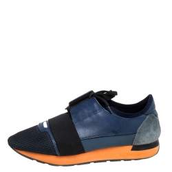 Pre Owned Balenciaga Blue/Black Leather And Mesh Race Runners Sneakers Size 42
