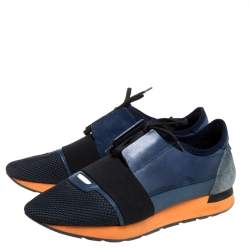 Pre Owned Balenciaga Blue/Black Leather And Mesh Race Runners Sneakers Size 42