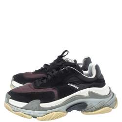 Balenciaga Black/Burgundy Suede Leather And Fabric Triple S Low Top Sneakers Size 40