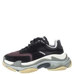 Balenciaga Black/Burgundy Suede Leather And Fabric Triple S Low Top Sneakers Size 40