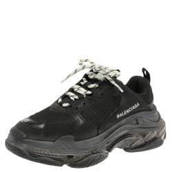 Pre Owned Balenciaga Black Mesh And Leather Triple S Trainer Sneakers Size 40