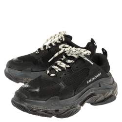 Pre Owned Balenciaga Black Mesh And Leather Triple S Trainer Sneakers Size 40