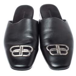 Pre Owned Balenciaga Black Leather Cosy BB Slippers Size 41 