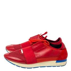 مملوكة مسبقًا Balenciaga Red Mesh, Leather And Suede Race Runners Low Top Sneakers Size 45