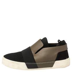 Pre Owned حذاء رياضي بالنسياغا سليب أون تريكو قماش و جلد و سويدي كاكي و أسود مقاس 43