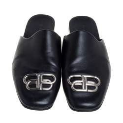 Pre Owned Balenciaga Black Leather Cosy BB Logo Embellished Mule Sandals Size 43