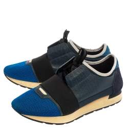 Pre Owned Balenciaga  Blue/Black Mesh And Leather Race Runner Sneakers Size 42