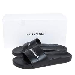 Pre Owned Balenciaga Black Leather Logo Slide Sandals Size 42