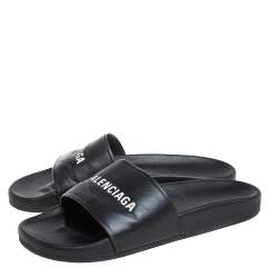 Pre Owned Balenciaga Black Leather Logo Slide Sandals Size 42