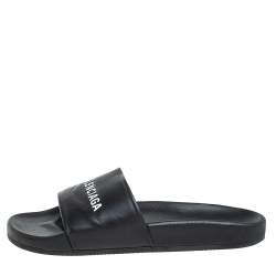 Pre Owned Balenciaga Black Leather Logo Slide Sandals Size 42