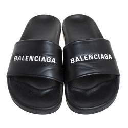 Pre Owned Balenciaga Black Leather Logo Slide Sandals Size 42