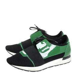 Pre Owned حذاء رياضي بالنسياغا رباط ريس رانر جلد لامع وشبك أخضر/ أسود مقاس 42