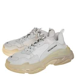 Pre Owned Balenciaga Grey/White Mesh Leather And Suede Lace Up Triple S Sneaker Size 45