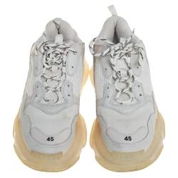 Pre Owned Balenciaga Grey/White Mesh Leather And Suede Lace Up Triple S Sneaker Size 45