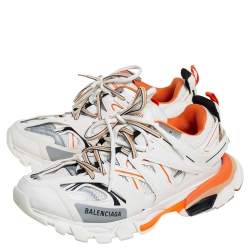 Pre Owned Balenciaga White /Orange Leather And Mesh Track Sneakers Size 41