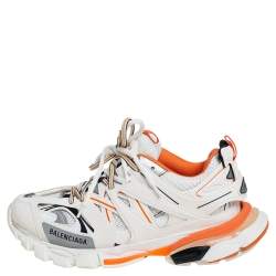 Pre Owned Balenciaga White /Orange Leather And Mesh Track Sneakers Size 41