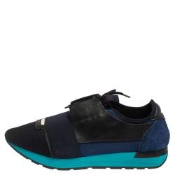 Balenciaga Blue/Black Mesh And Leather Race Runner Low Top