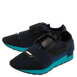 Pre Owned Balenciaga Blue/Black Mesh And Leather Race Runner Low Top Sneakers Size 42