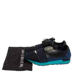 Pre Owned Balenciaga Blue/Black Mesh And Leather Race Runner Low Top Sneakers Size 42
