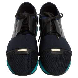 Pre Owned Balenciaga Blue/Black Mesh And Leather Race Runner Low Top Sneakers Size 42