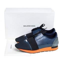 Pre Owned Balenciaga Blue/Black Leather And Mesh Race Runners Sneakers Size 42