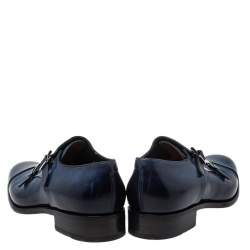Santoni Blue Leather Double Buckle Derby Monk Size 46