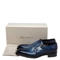 Santoni Blue Leather Double Buckle Derby Monk Size 46