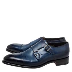 Santoni Blue Leather Double Buckle Derby Monk Size 46