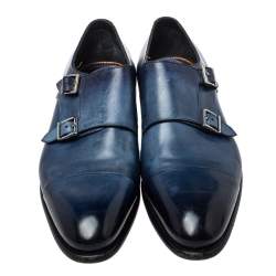 Santoni Blue Leather Double Buckle Derby Monk Size 46