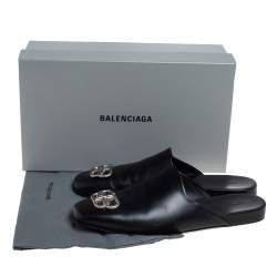 Balenciaga Black Leather Cosy BB Logo Embellished Mules Size 44 