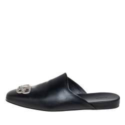 Balenciaga Black Leather Cosy BB Logo Embellished Mules Size 44 