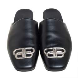 Balenciaga Black Leather Cosy BB Logo Embellished Mules Size 44 