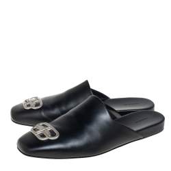 Balenciaga Black Leather Cosy BB Logo Embellished Mules Size 44 