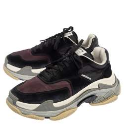 Pre Owned Balenciaga Burgundy/Black Nylon And Suede Triple S Sneakers Size 41