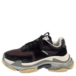 Pre Owned Balenciaga Burgundy/Black Nylon And Suede Triple S Sneakers Size 41
